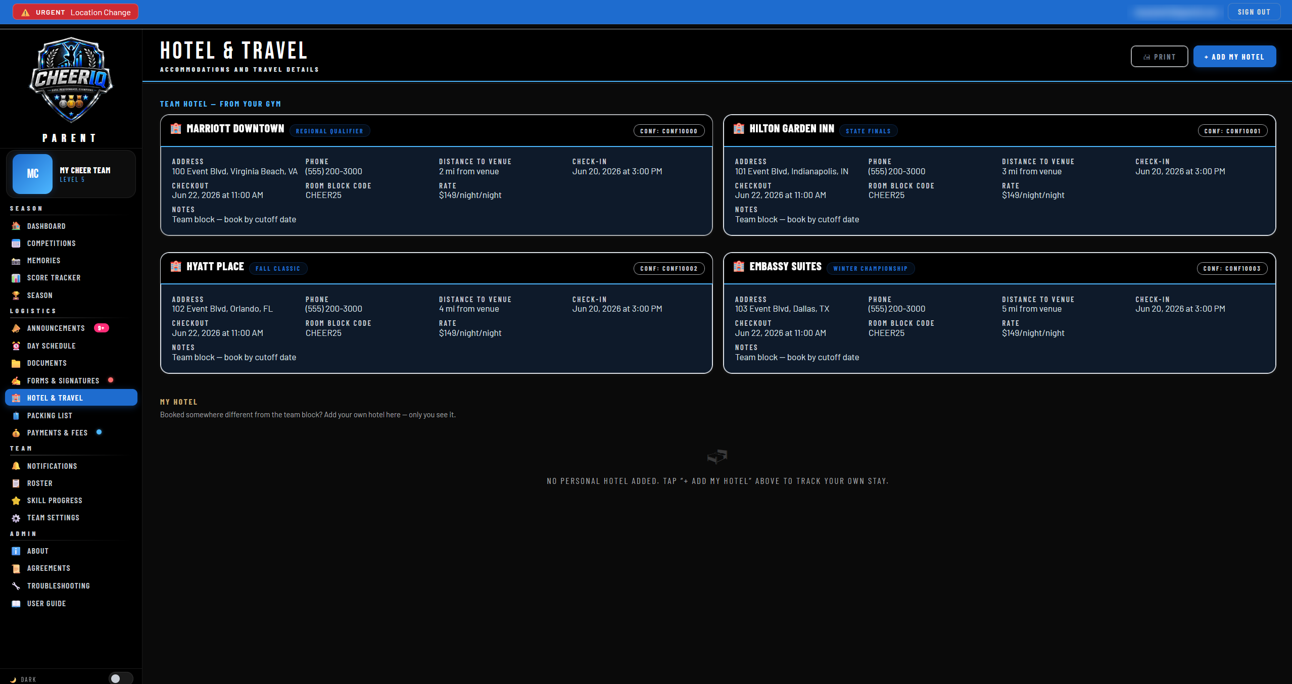 CheerIQ Parent hotel and travel page showing team hotel blocks per competition with address, phone, distance to venue, check-in and checkout, room block code, and rate, plus an option to add your own hotel